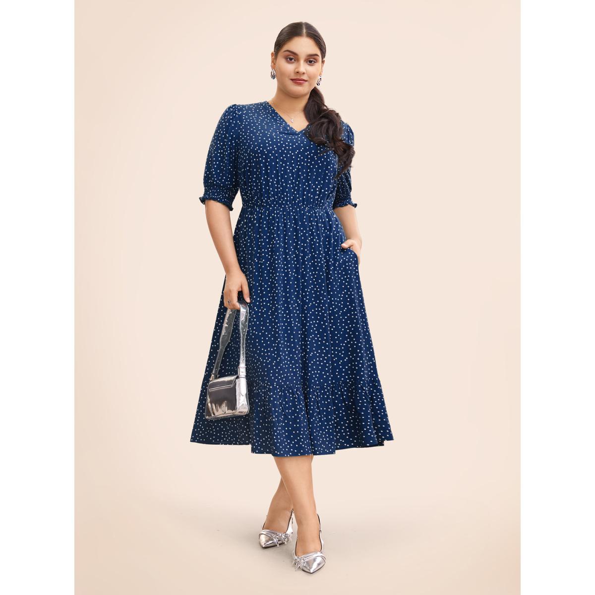Plus Size Polka Dot Shirred Pocket Flutter Hem Dress Black Women Office Printed V-neck Half Sleeve Curvy Midi Dress BloomChic 22-24/3X Product Image