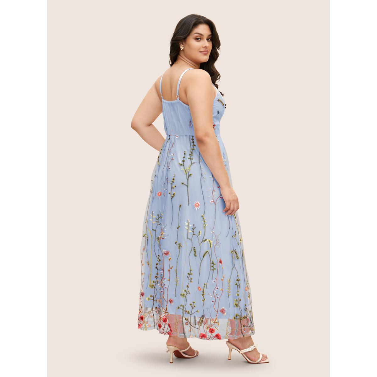 Plus Size U Neck Floral Embroidered Mesh Cami Dress LightBlue Women Formal U-neck Sleeveless Curvy BloomChic 26/4X Product Image