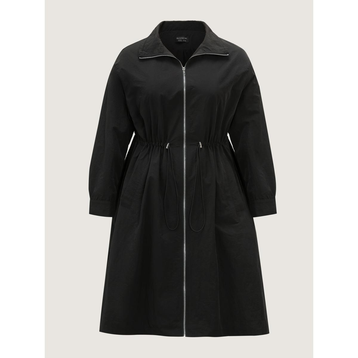 Plus Size Drawstring Pockets Zipper Long Coat Women Black Leisure Texture Ladies Casual Winter Coats BloomChic 22-24/3X Product Image