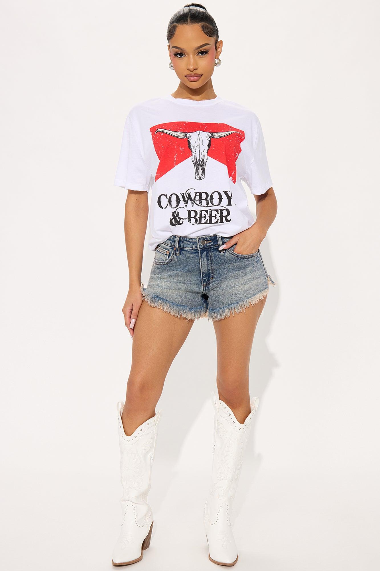 Vintage Cowboys & Beers Washed Tee - White Female Product Image