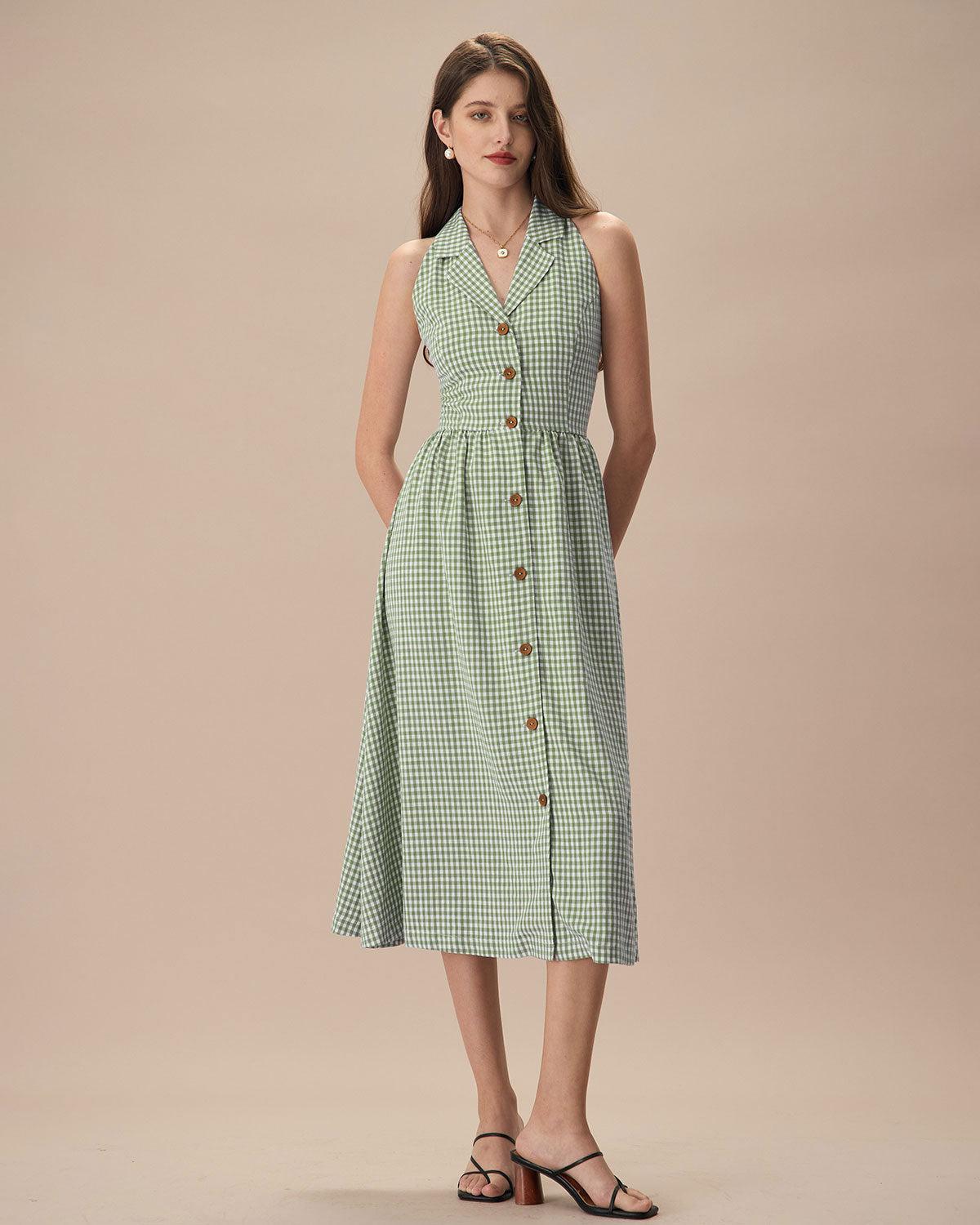 The Green Lapel Plaid Sleeveless Shirt Midi Dress Product Image
