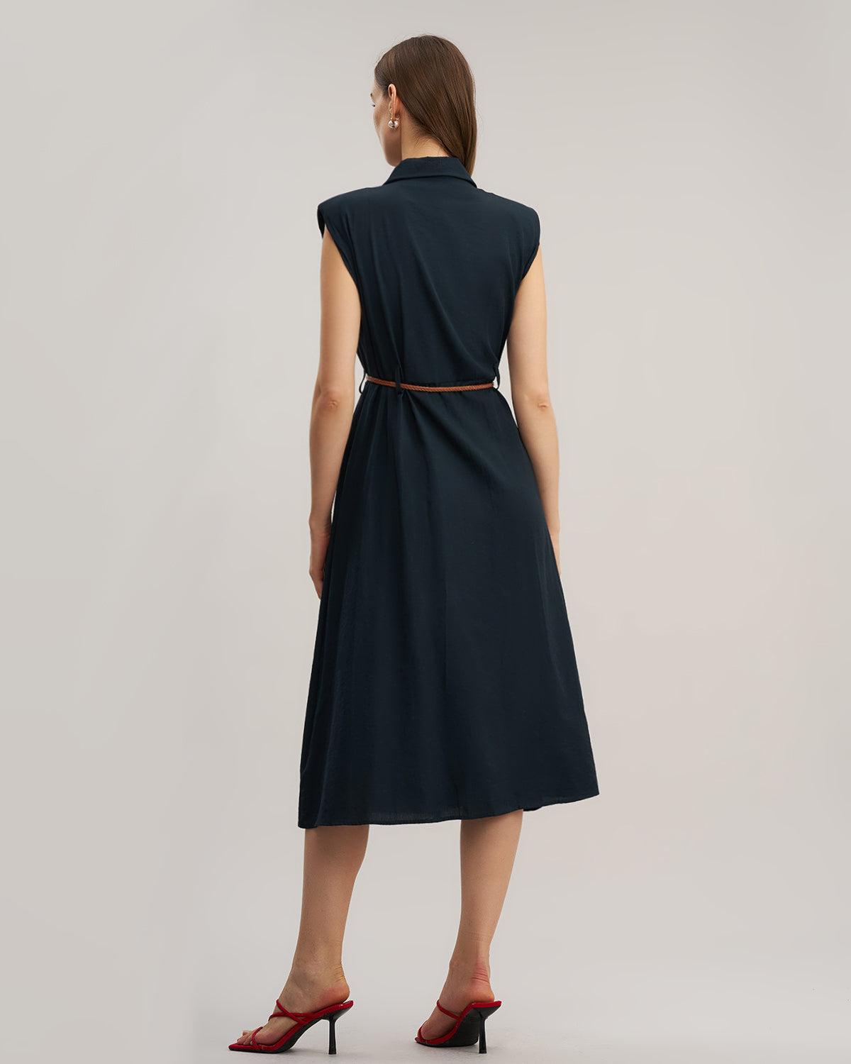 Blue Sleeveless Belted Midi Dress Product Image