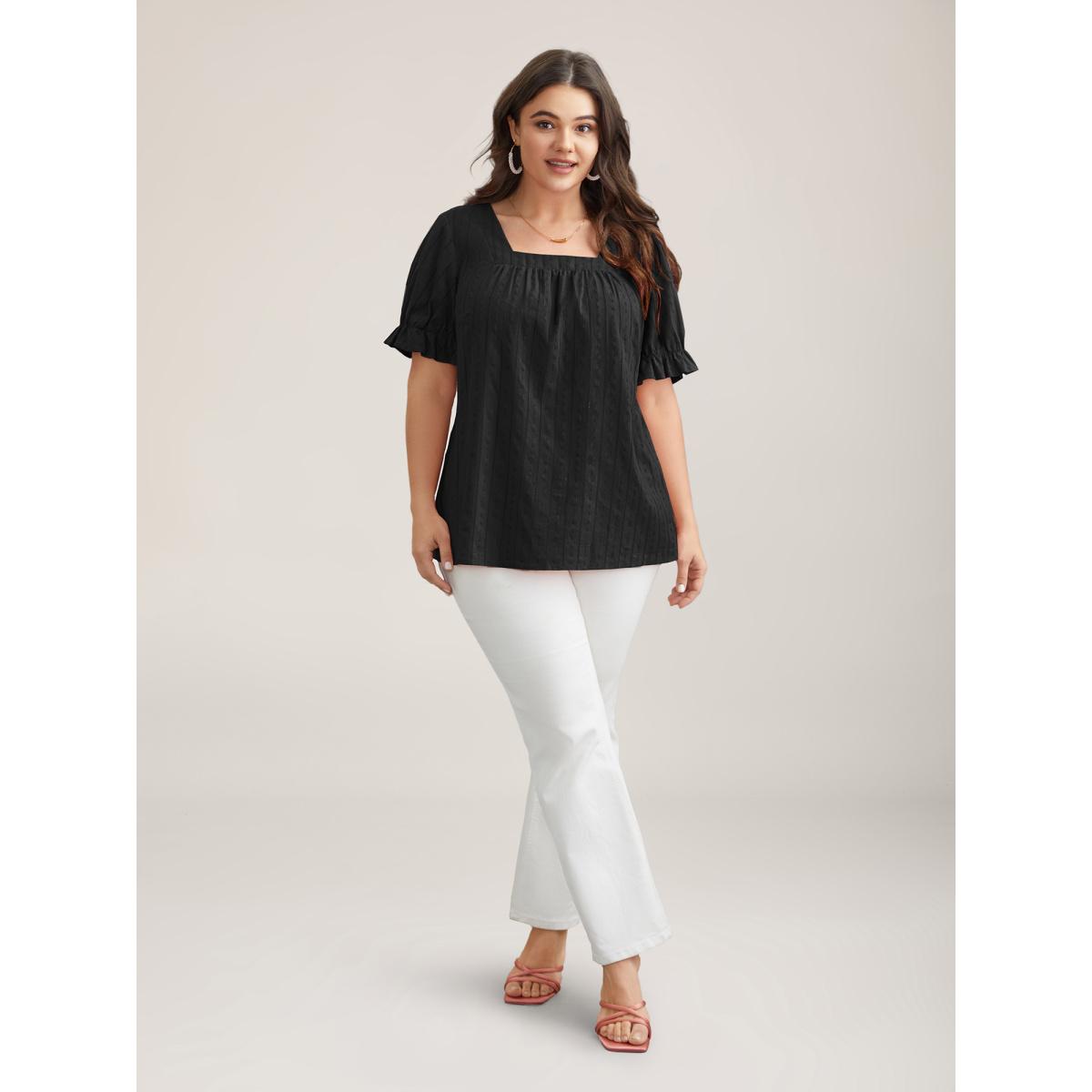 Plus Size Black Cotton Square Neck Ruffled Sleeve Shirt Women Timeless Short sleeve Square Neck Elegant Blouses BloomChic 18-20/2X Product Image