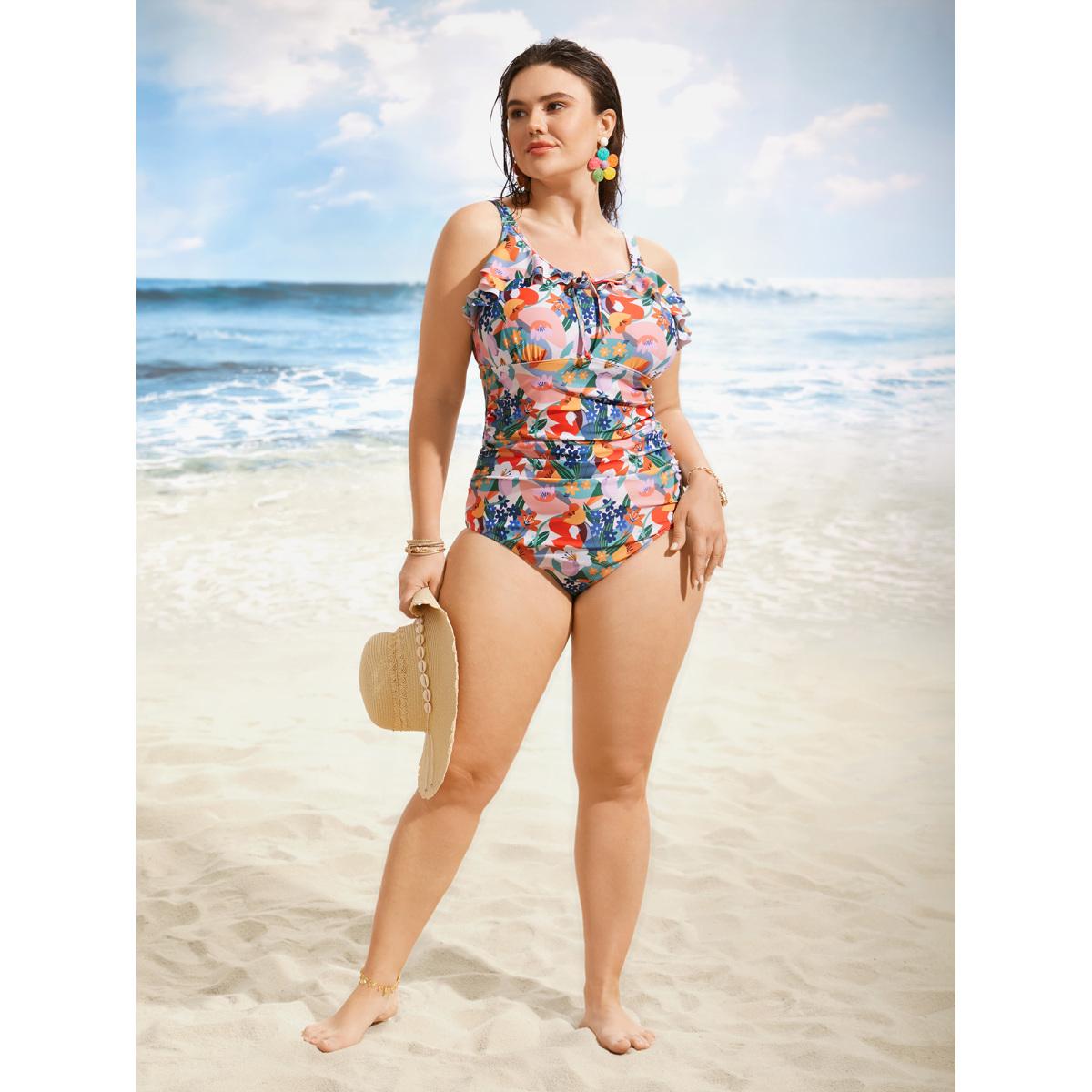 Plus Size Floral Tie Knot Ruffle Trim One Piece Swimsuit Women's Swimwear Multicolor Beach Tie knot Curve Bathing Suits High stretch One Pieces BloomChic 18-20/2X Product Image