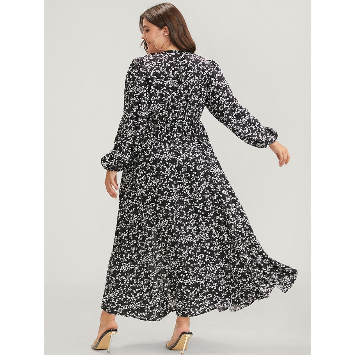 Plus Size Ditsy Floral Lantern Sleeve Pocket Split Maxi Dress BlackFlower Women Elegant Pocket V-neck Long Sleeve Curvy Long Dress BloomChic 10/M Product Image
