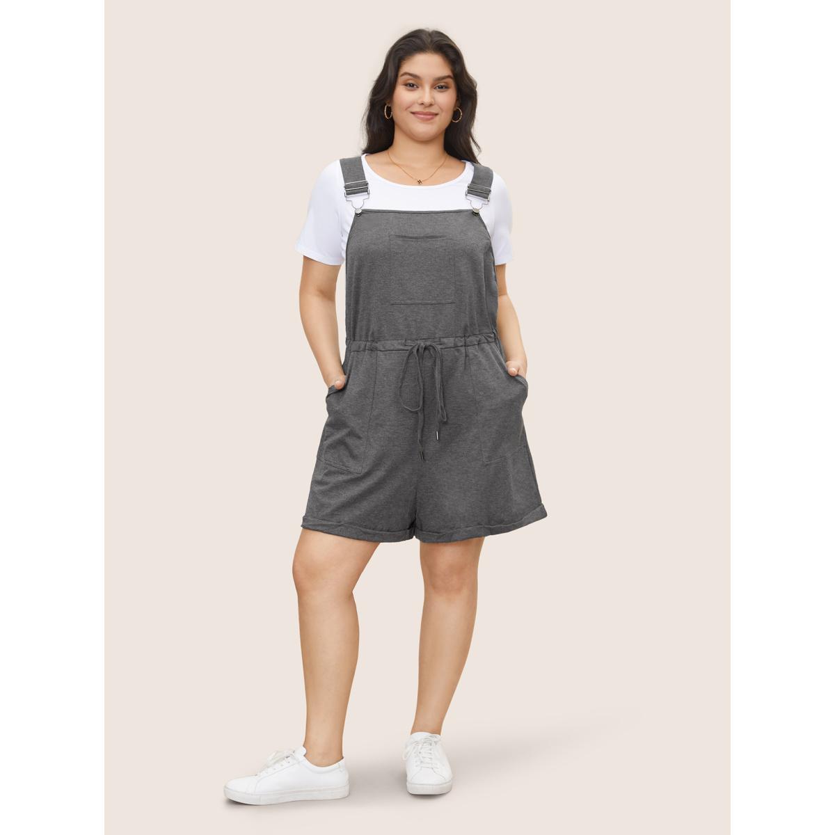 Plus Size DimGray Solid Pocket Drawstring Overall Romper Women Casual Sleeveless Non Everyday Loose Jumpsuits BloomChic 30/6X Product Image