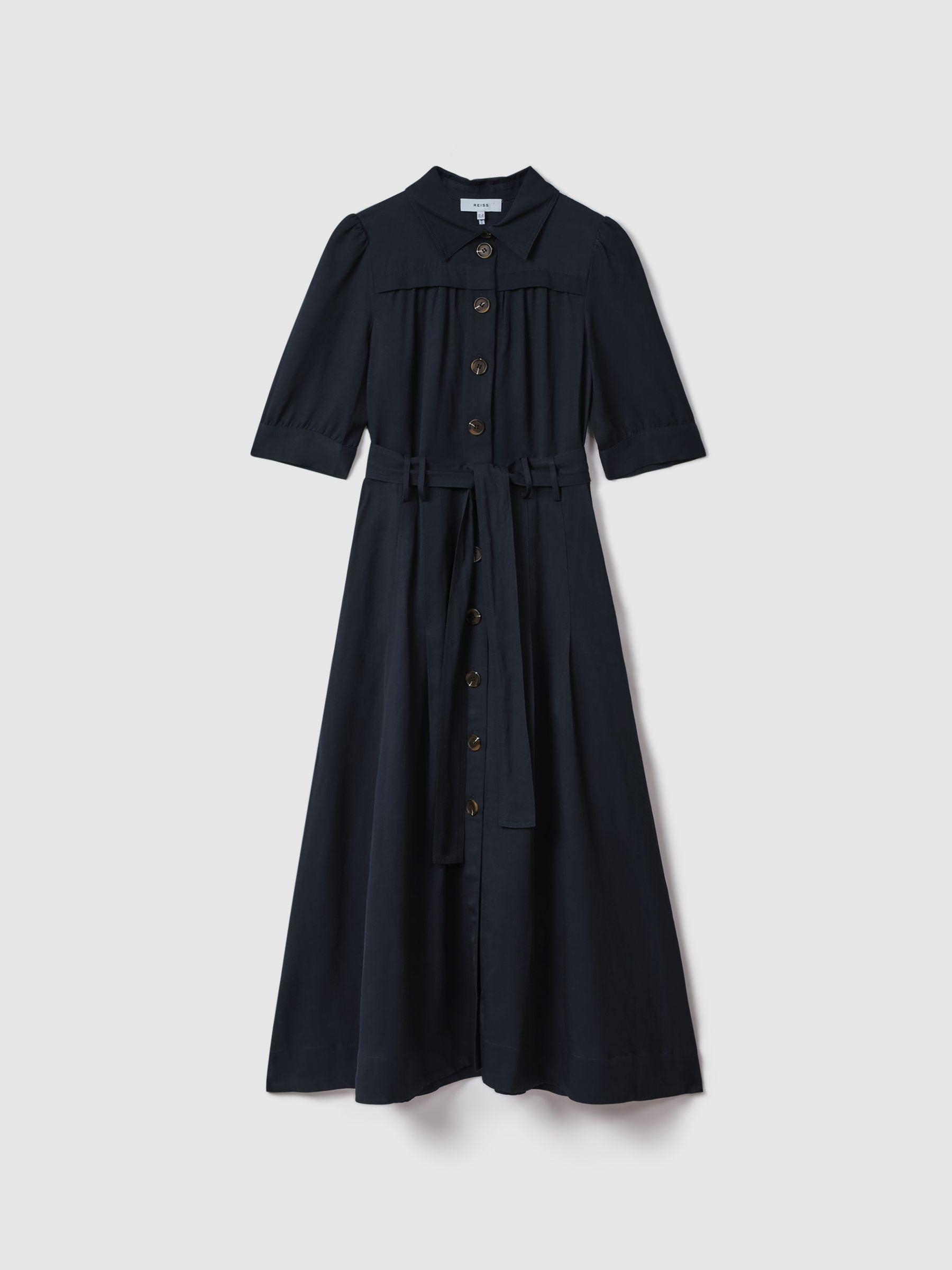 Belted Cap Sleeve Midi Dress With Linen in Navy Product Image