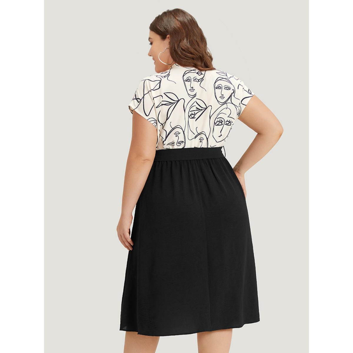 Plus Size Figure Graffiti Notched Patchwork Belted Dress Ivory Women Office Lined Notched collar Short sleeve Curvy Midi Dress BloomChic 12/L Product Image