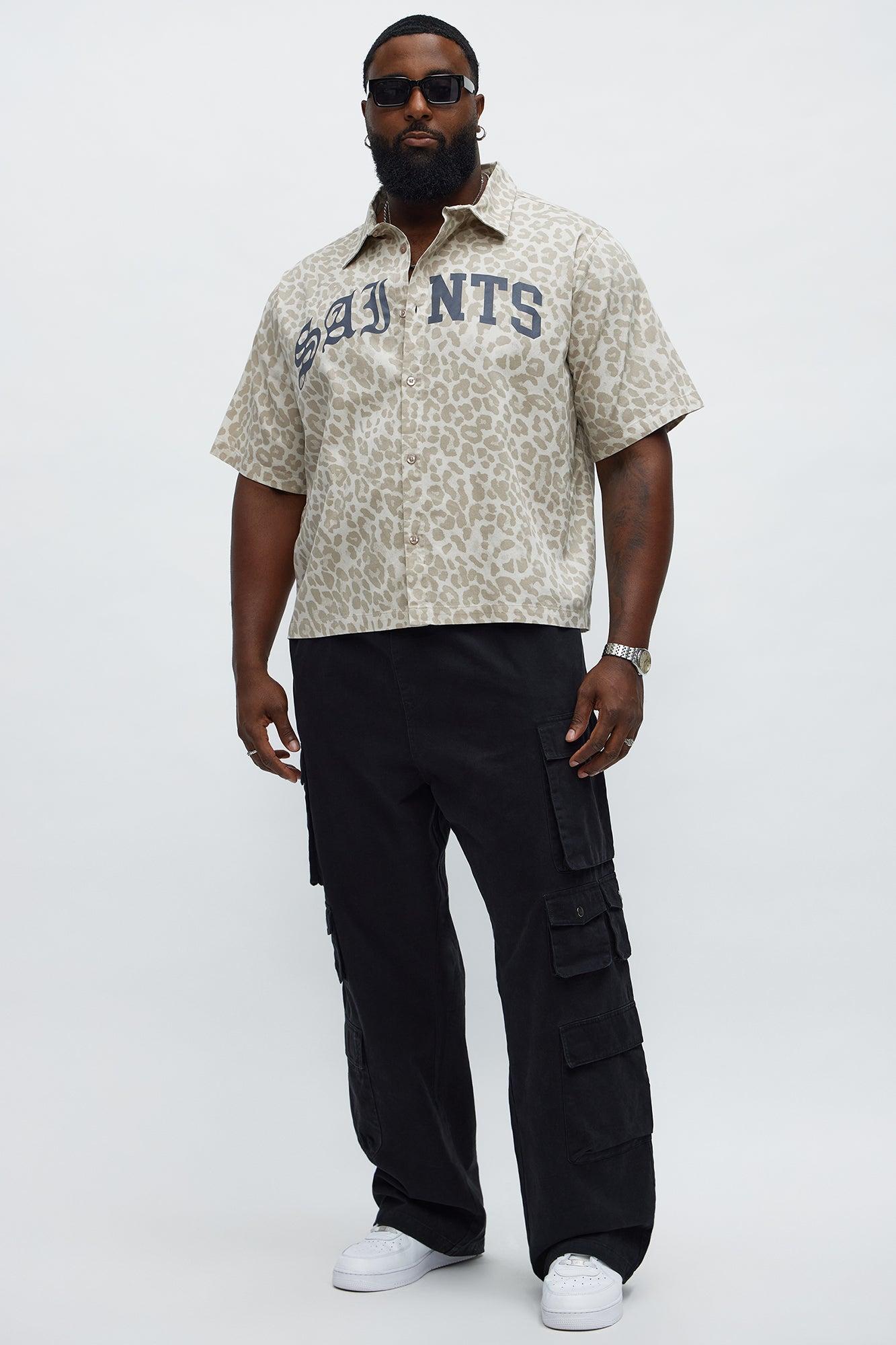Relaxed Fit Leopard Saints Button Up Shirt - Tan/Multi Male Product Image