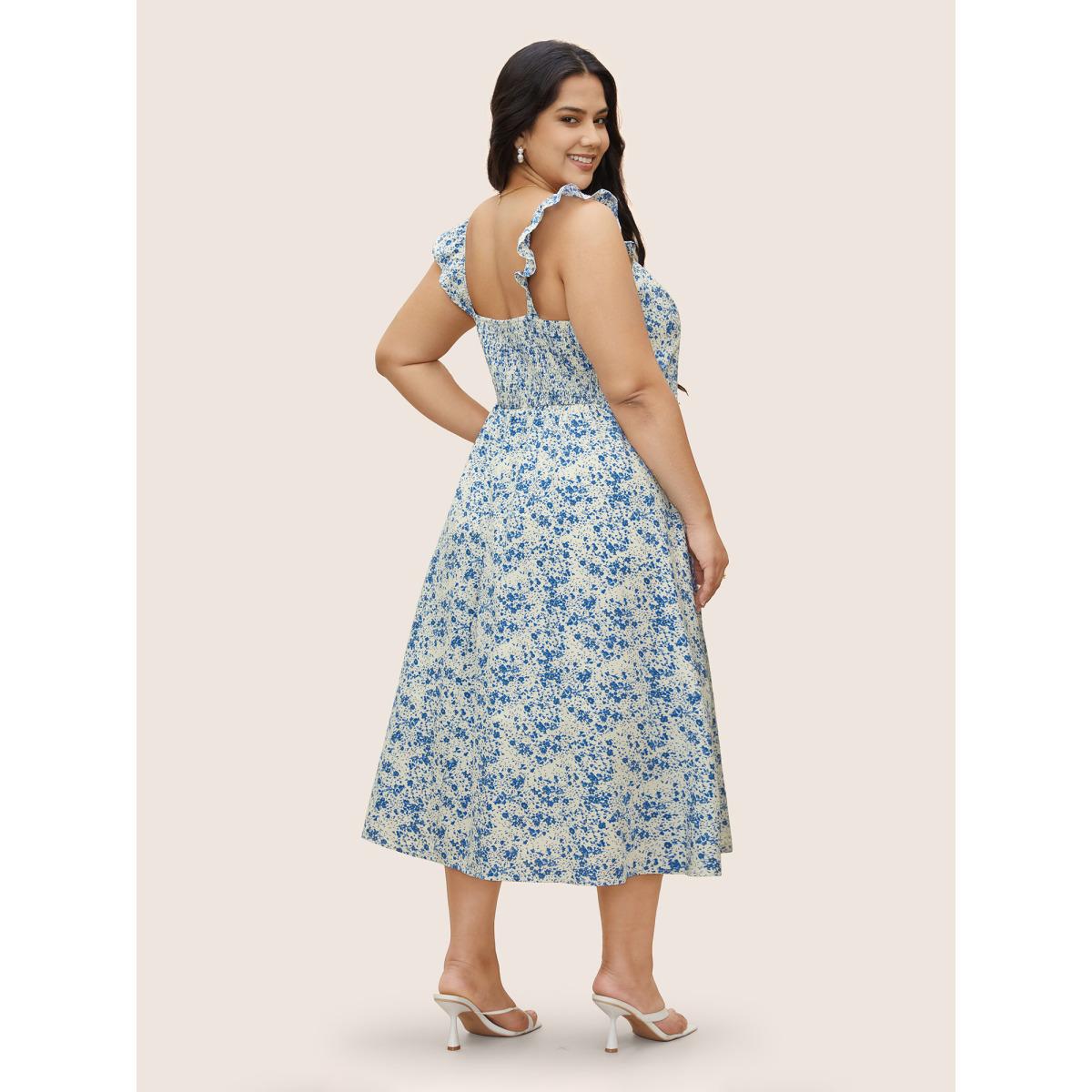 Plus Size Ditsy Floral Ruffle Trim Side Seam Pocket Dress White Women Elegant Ruffles Square Neck Sleeveless Curvy BloomChic 18-20/2X Product Image