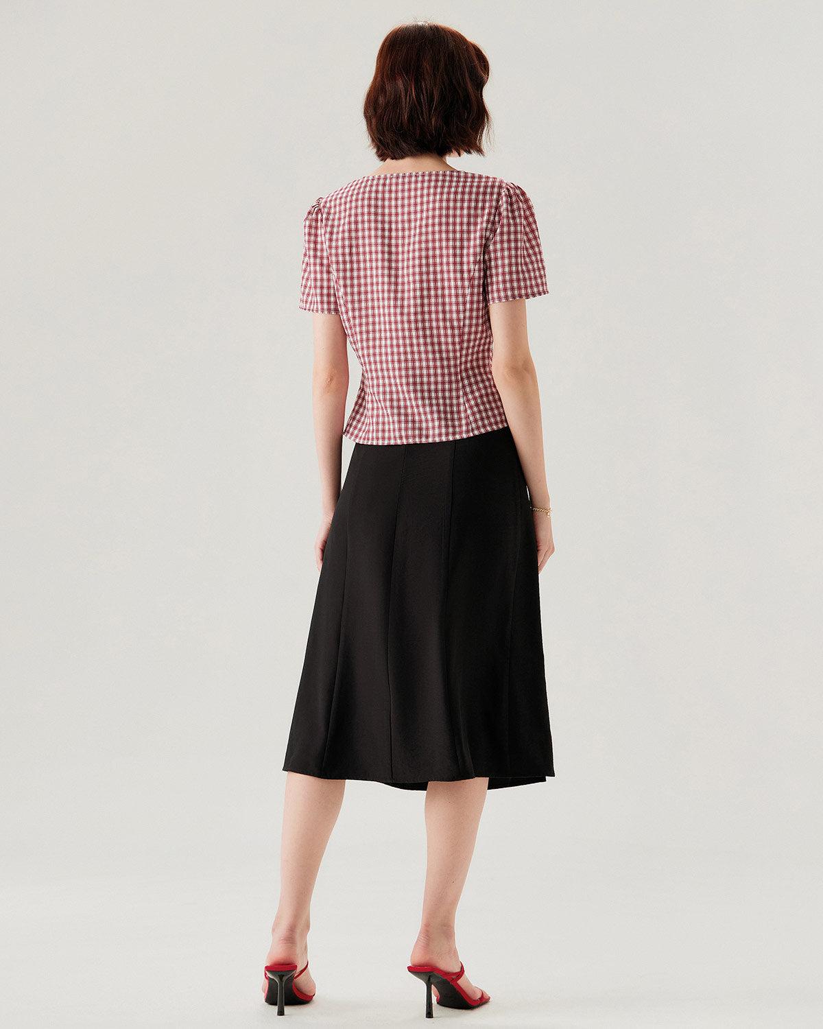 Red Plaid Puffed Sleeve V Neck Blouse Product Image