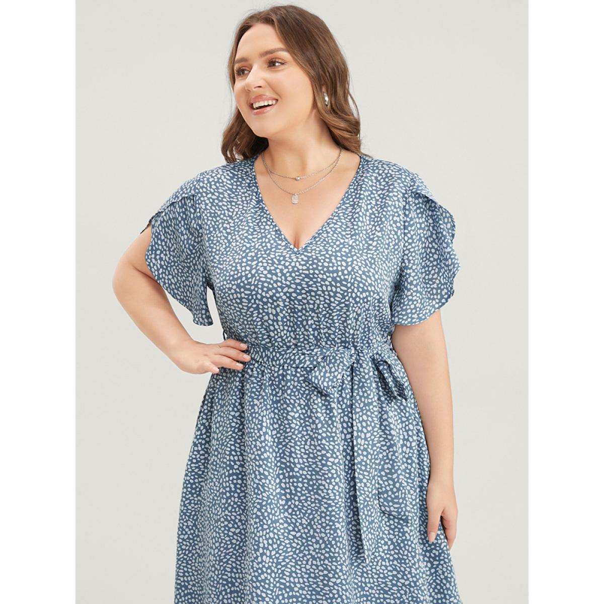 Plus Size Polka Dot Split Sleeve Ruffle Pocket Belted Asymmetrical Hem Dress LightBlue Women Elegant Cross straps V-neck Short sleeve Curvy Midi Dress BloomChic 30/6X Product Image