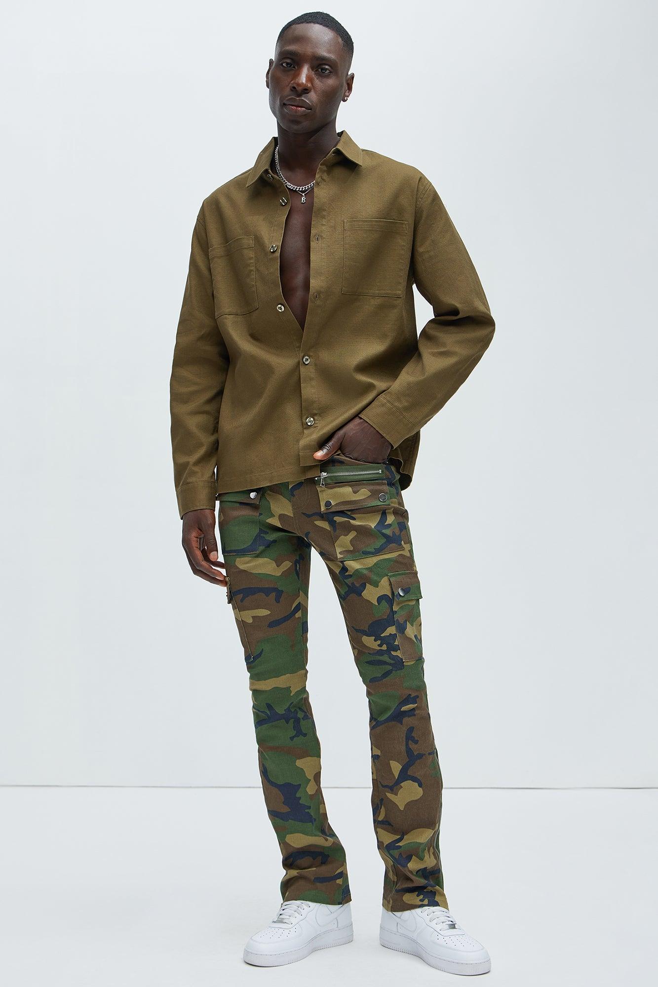 On The Verge Waxed Zipper Skinny Flare Cargo Pants - Camouflage Product Image