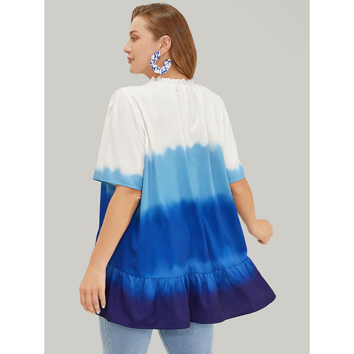 Plus Size Cerulean Tie Dye Frill Trim Mock Neck Ruffle Asymmetrical Hem Blouse Women Vacation Half Sleeve Mock Neck Dailywear Blouses BloomChic 22-24/3X Product Image