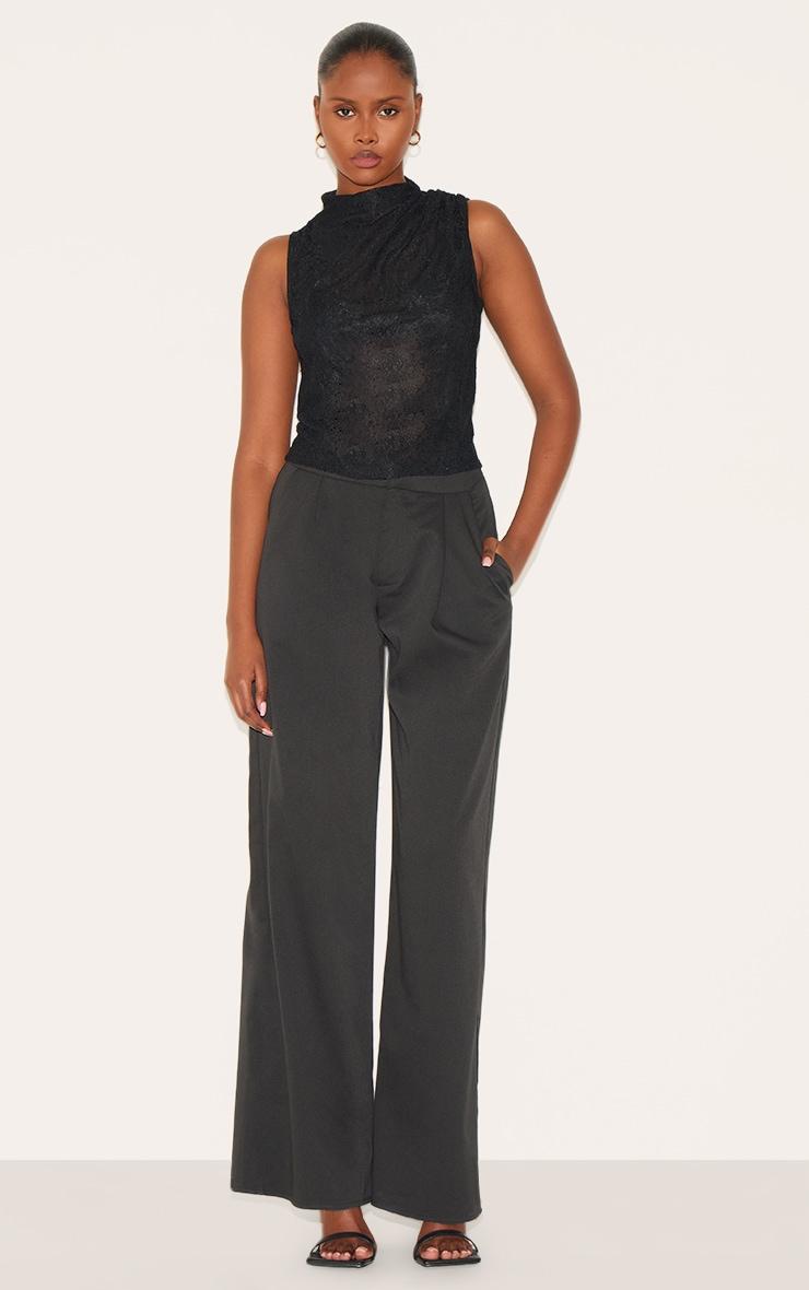 Black Lace Ruched Shoulder High Neck Top Product Image