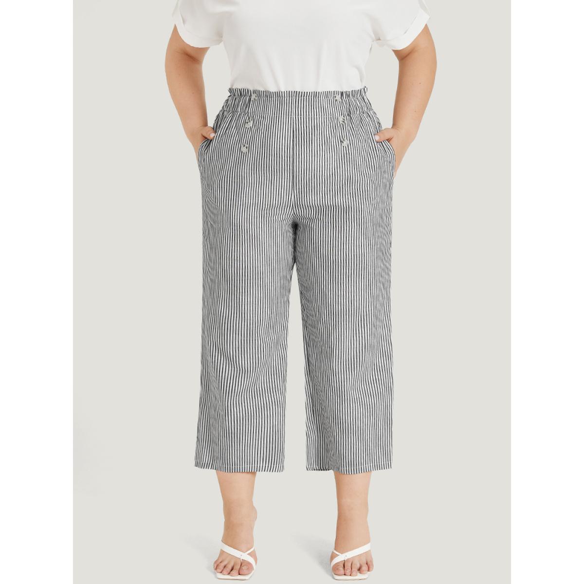 Plus Size Striped Pocket Button Detail Paperbag Waist Pants Women Black Office Straight Leg High Rise Office Pants BloomChic 26/4X Product Image