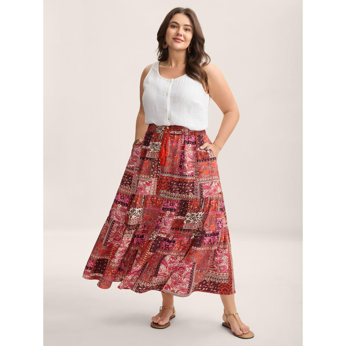 Plus Size Geometric Collage Waist-Tie Maxi Skirt Women Brightorange Resort Loose No stretch Side seam pocket Vacation Skirts BloomChic 22-24/3X Product Image