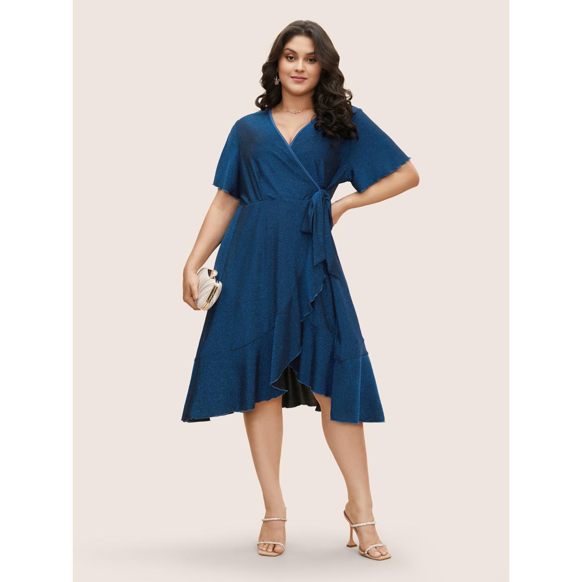 Plus Size Overlap Collar Luxe Tie Knot Ruffles Dress Mediumblue Women Cocktail Tie knot Overlap Collar Short sleeve Curvy BloomChic 22-24/3X Product Image