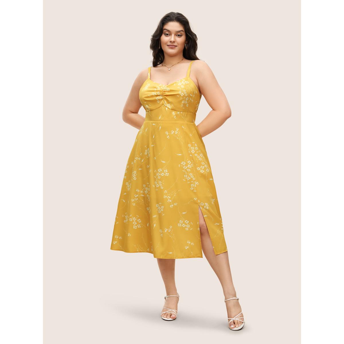Plus Size Ditsy Floral Ruched Adjustable Straps Dress Yellow Women Elegant Gathered Non Sleeveless Curvy BloomChic 18-20/2X Product Image
