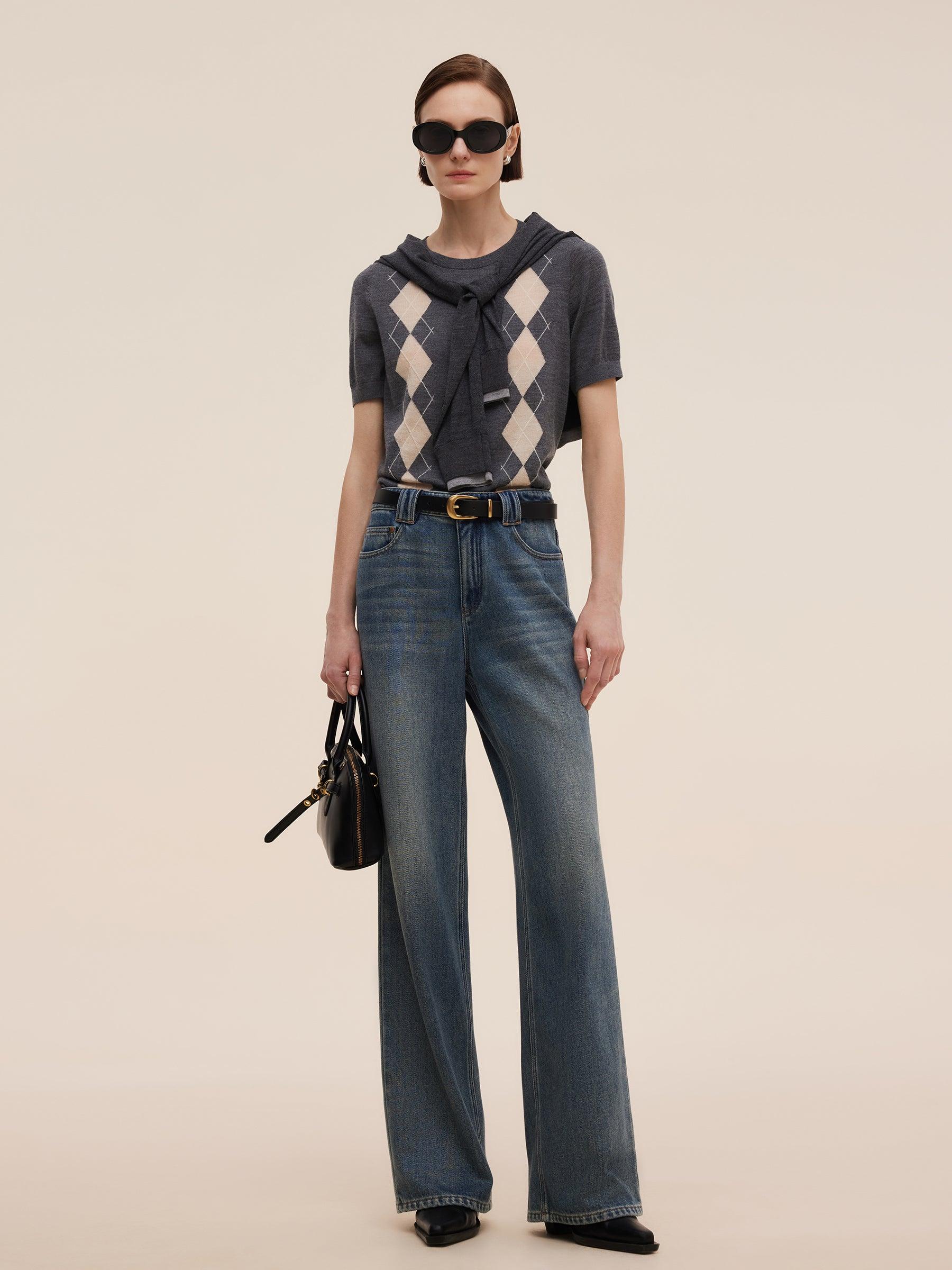 100% Machine Washable Wool Argyle Women Knit Top Product Image