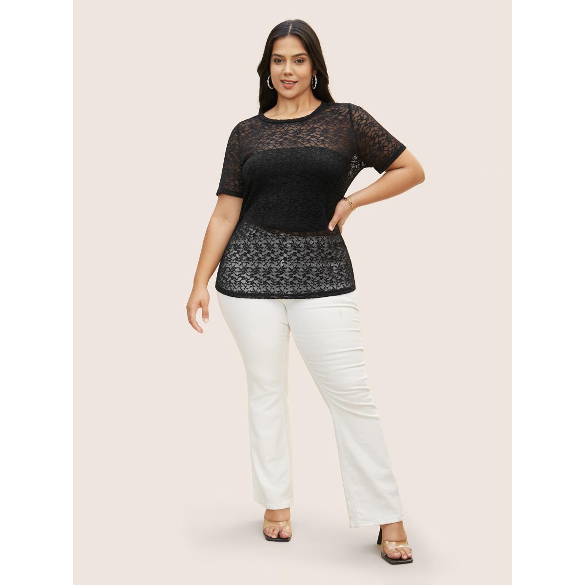 Plus Size Crochet Lace Mesh Crew Neck T-shirt Black Women Elegant See through Round Neck Bodycon Everyday T-shirts BloomChic 12/L Product Image