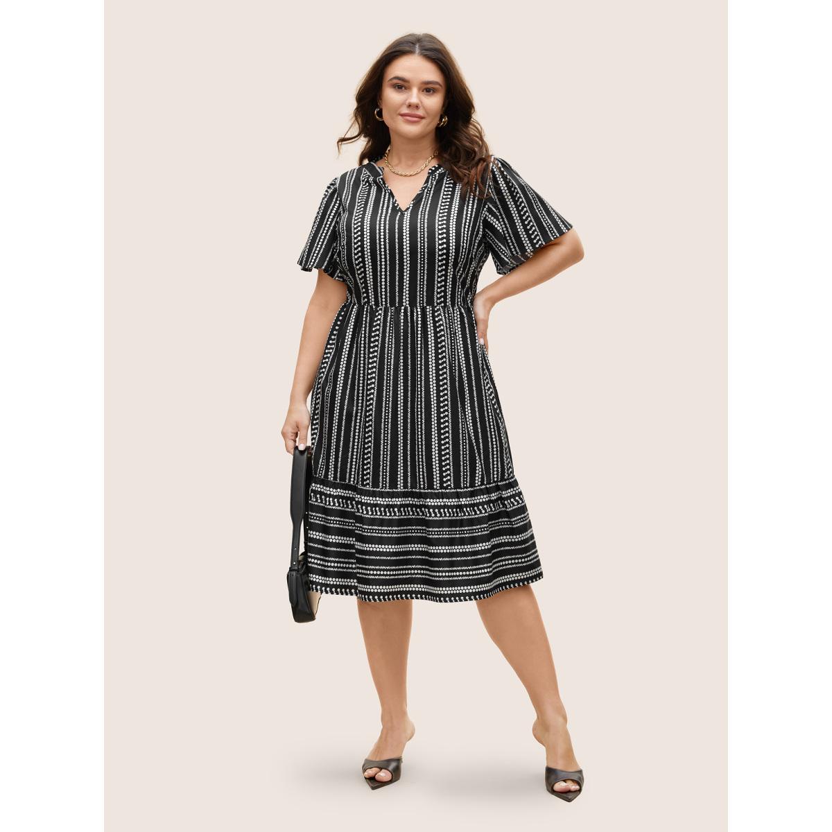Plus Size Striped Elastic Waist Ruffle Sleeve Dress Black Women Work From Home Ruffles Flat collar with V-notch Short sleeve Curvy BloomChic 14-16/1X Product Image