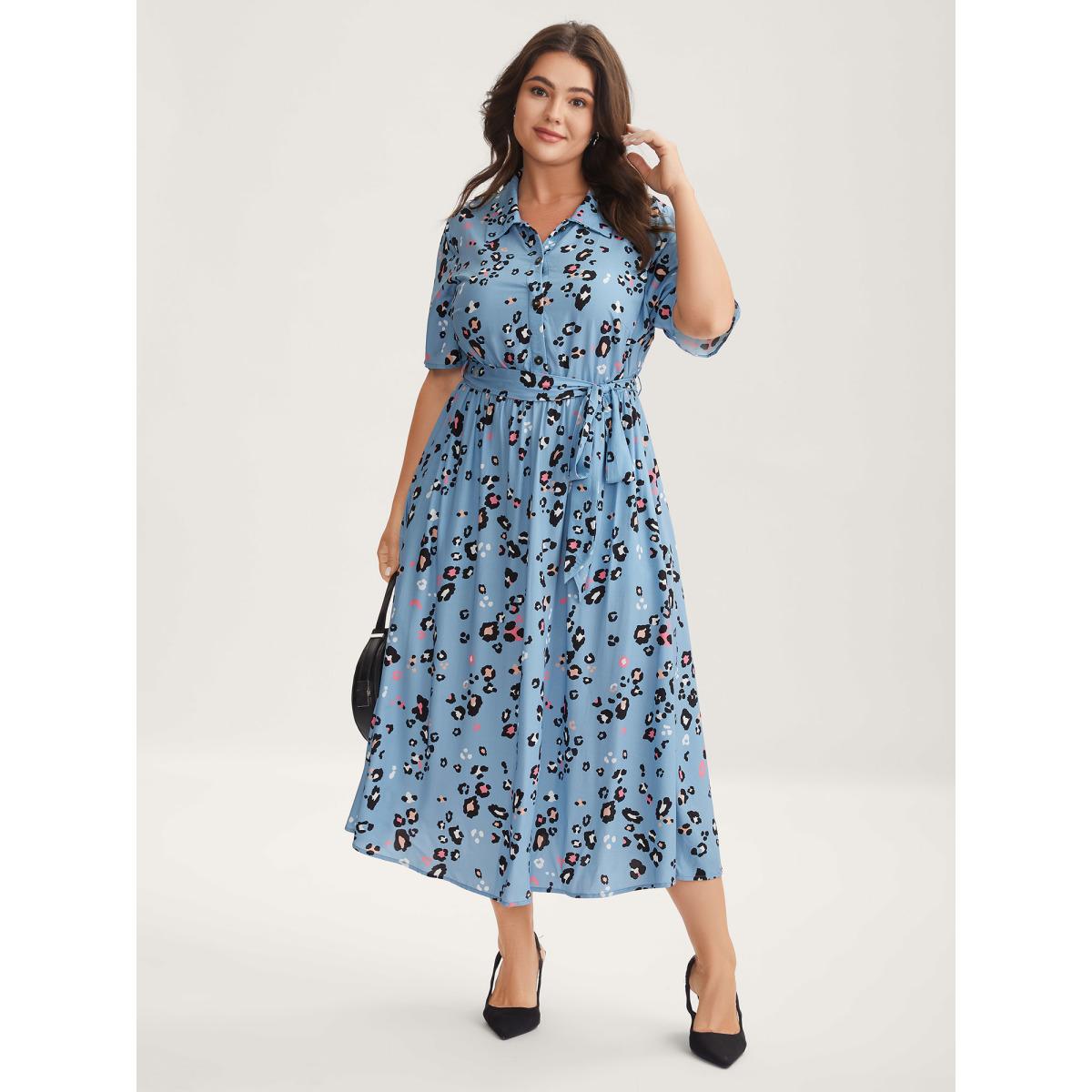 Plus Size Floral Print Collar Belted Midi Dress Stone Women Shirt collar Short sleeve Curvy BloomChic 12/L Product Image