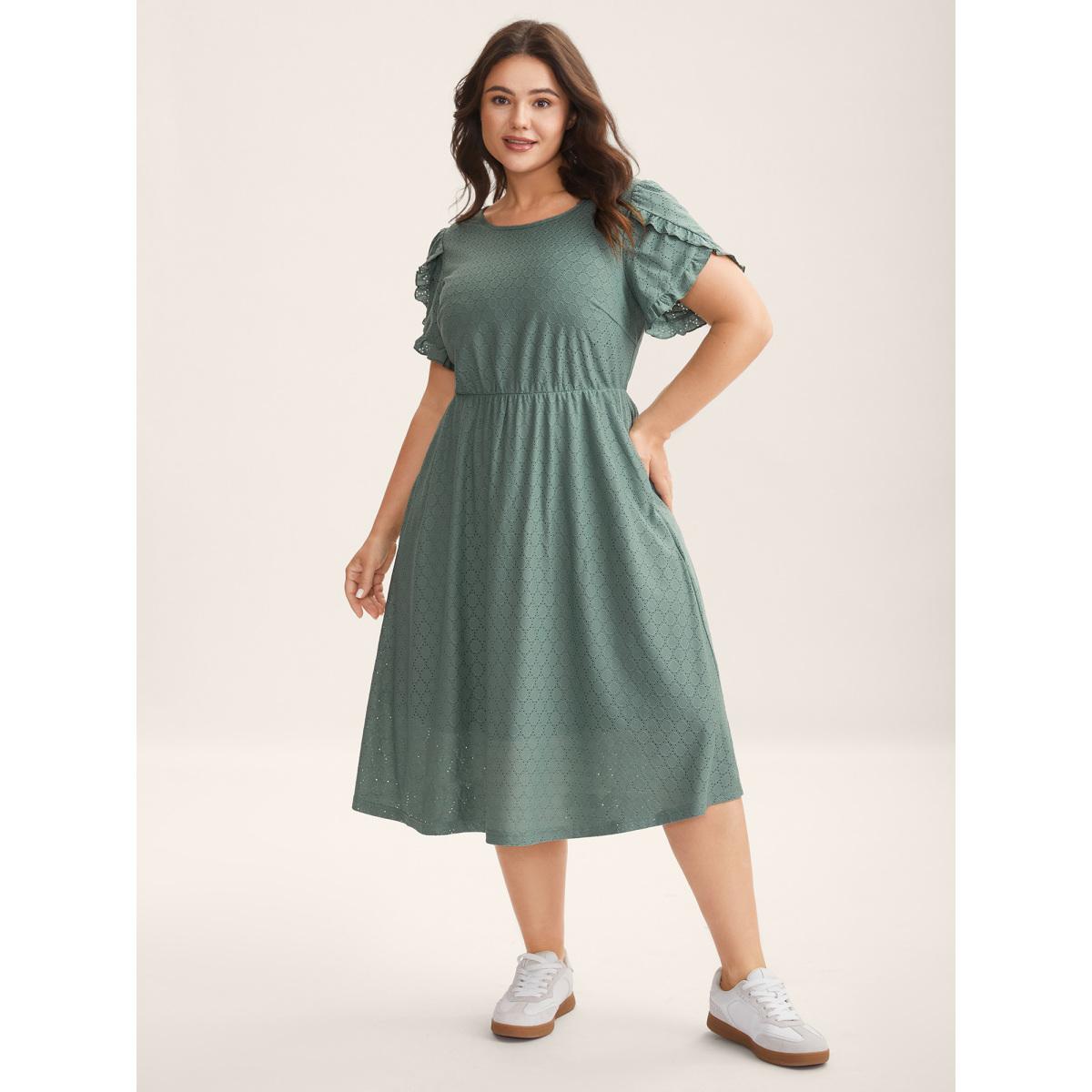 Plus Size Textured Petal Sleeve Pockets Midi Dress DarkGreen Women Leisure Knit Dresses Bloomchic 30/6X Product Image