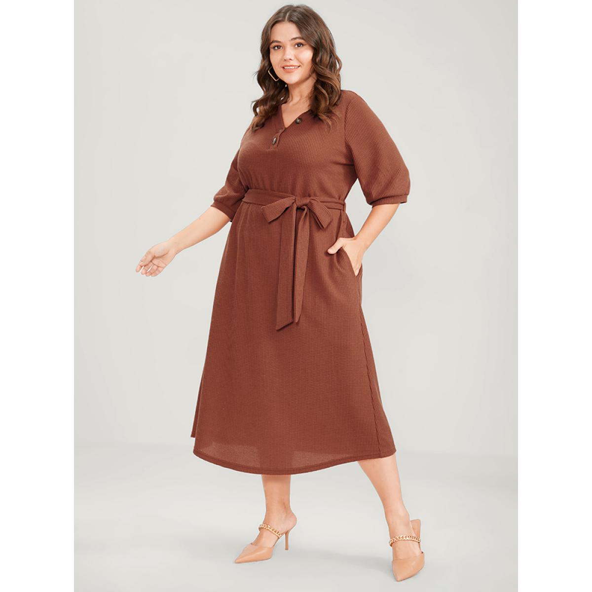 Plus Size Solid Button Detail Pocket Belted Waffle Knit Dress Chocolate Women Office Belted V-neck Half Sleeve Curvy Midi Dress BloomChic 28/5X Product Image