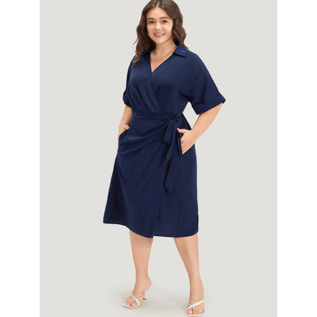 Plus Size Shirt Collar Split Hem Wrap Pocket Knot Gathered Dress DarkBlue Women Elegant Wrap Shirt collar Half Sleeve Curvy Midi Dress BloomChic 10/M Product Image