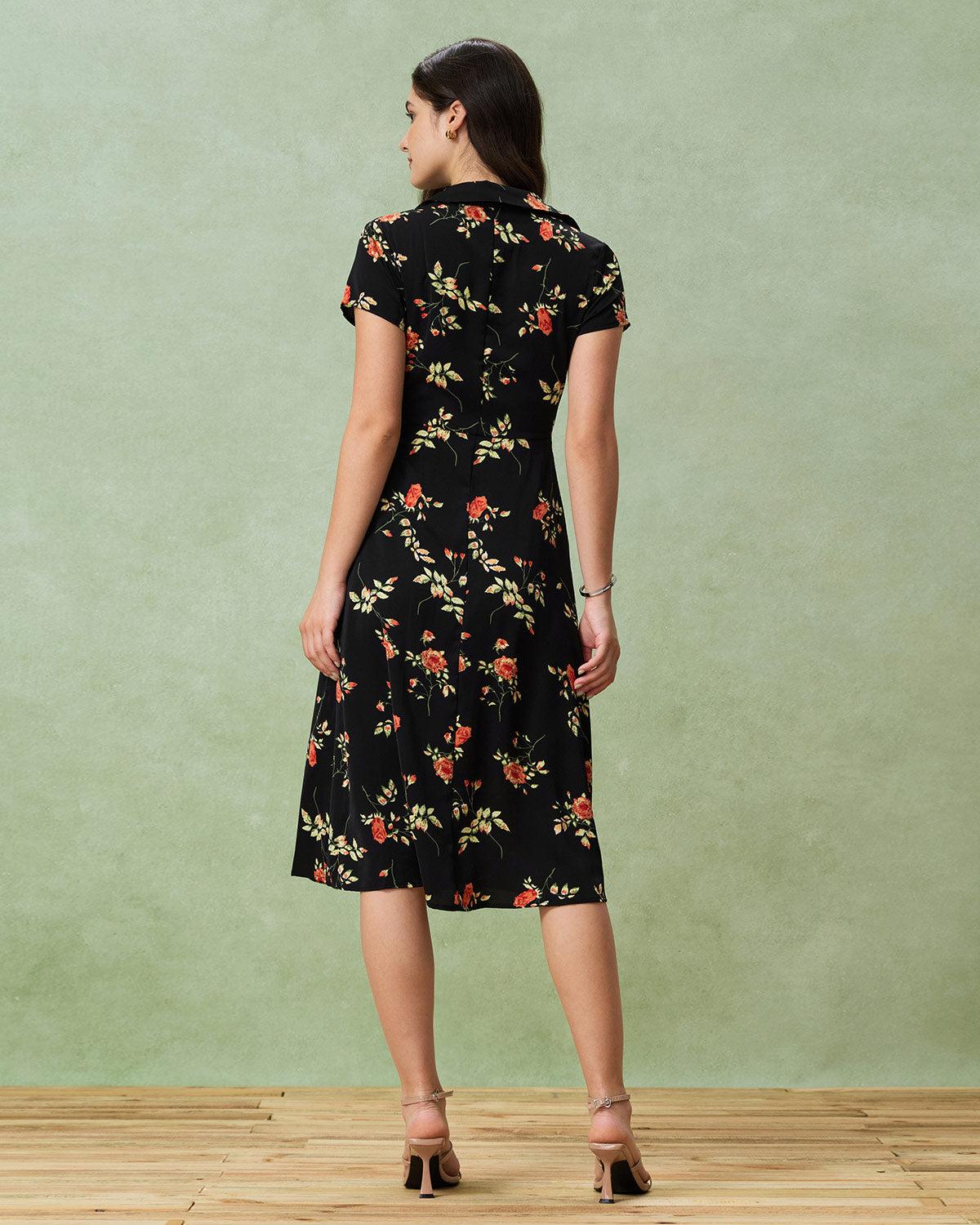 Black Floral Button A-Line Midi Dress Product Image
