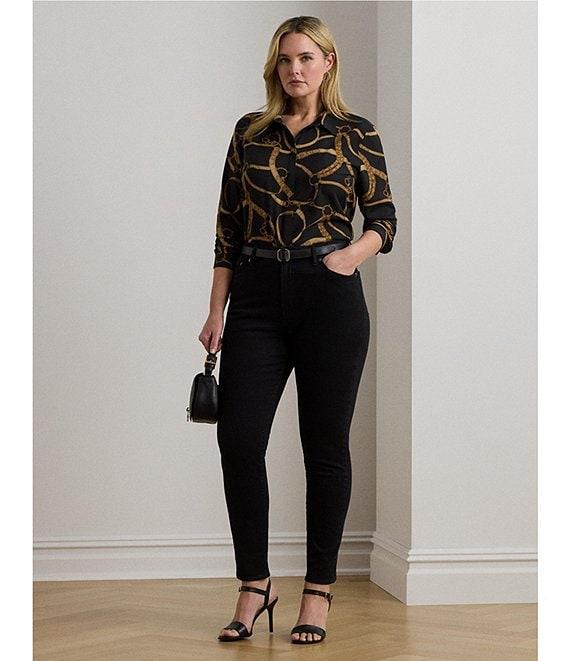 Lauren Ralph Lauren Plus Size Crepe de Chine Belting Print Point Collar Long Sleeve Button Front Shirt Product Image