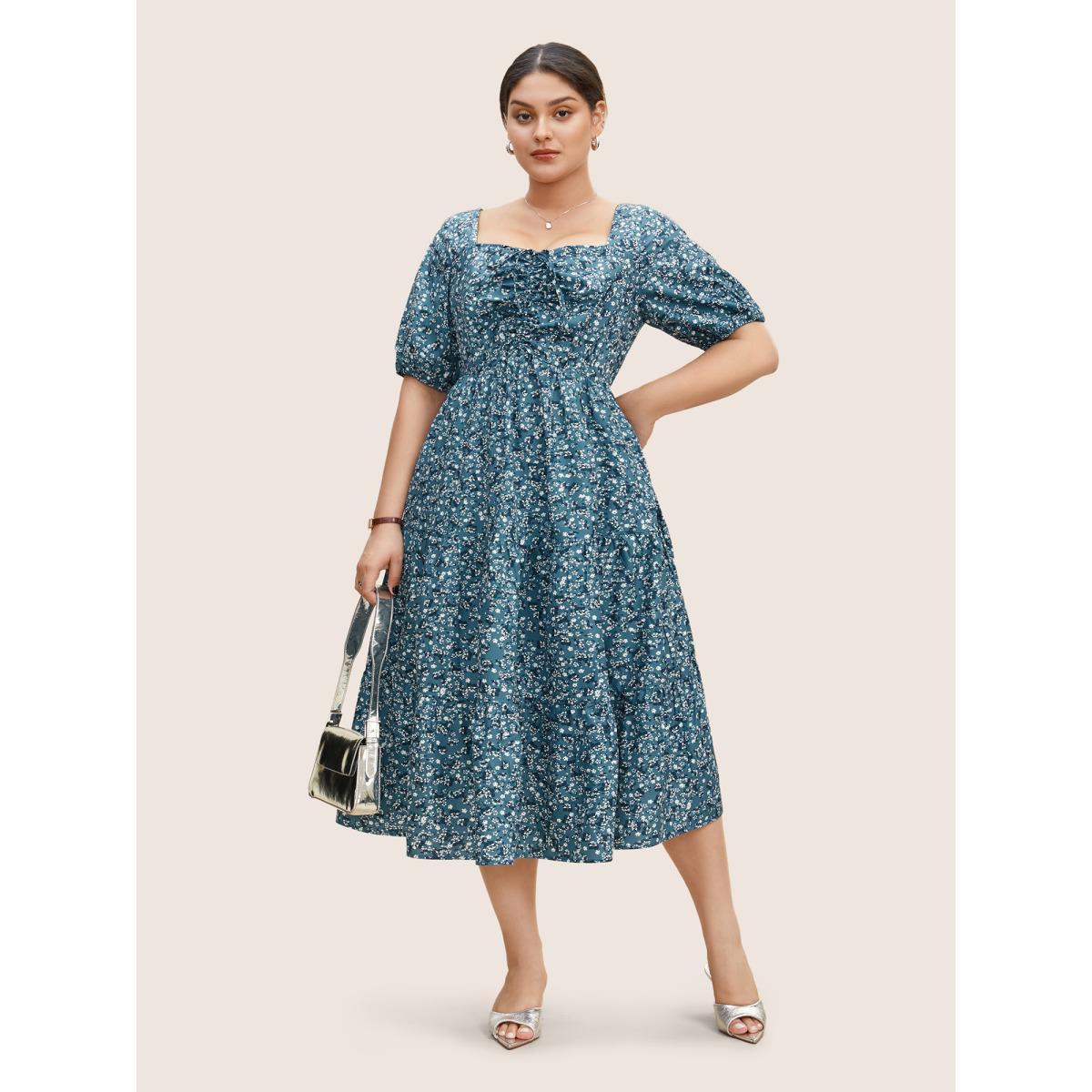 Plus Size Ditsy Floral Ruffle Tiered Pocket Ruched Puff Sleeve Drawstring Dress Cerulean Women Elegant Non Square Neck Short sleeve Curvy BloomChic 12/L Product Image