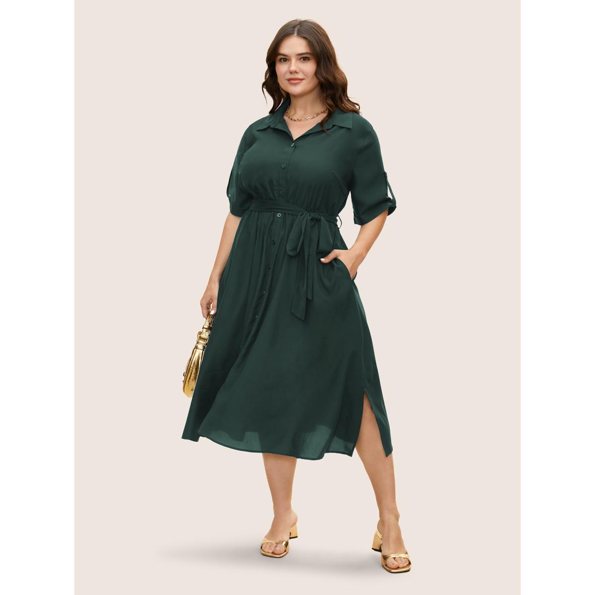 Plus Size Shirt Collar Tab Sleeve Split Hem Dress Cyan Women Office Belted Shirt collar Half Sleeve Curvy BloomChic 12/L Product Image
