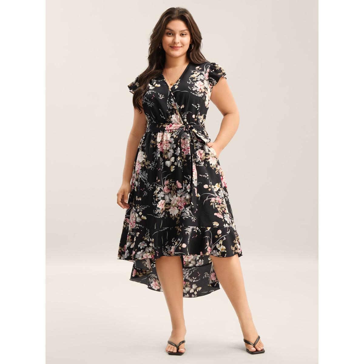 Plus Size Midnight Blooms Wrap A-Line Midi Dress Black Women Romantic Overlap Collar Cap Sleeve Curvy BloomChic 10/M Product Image