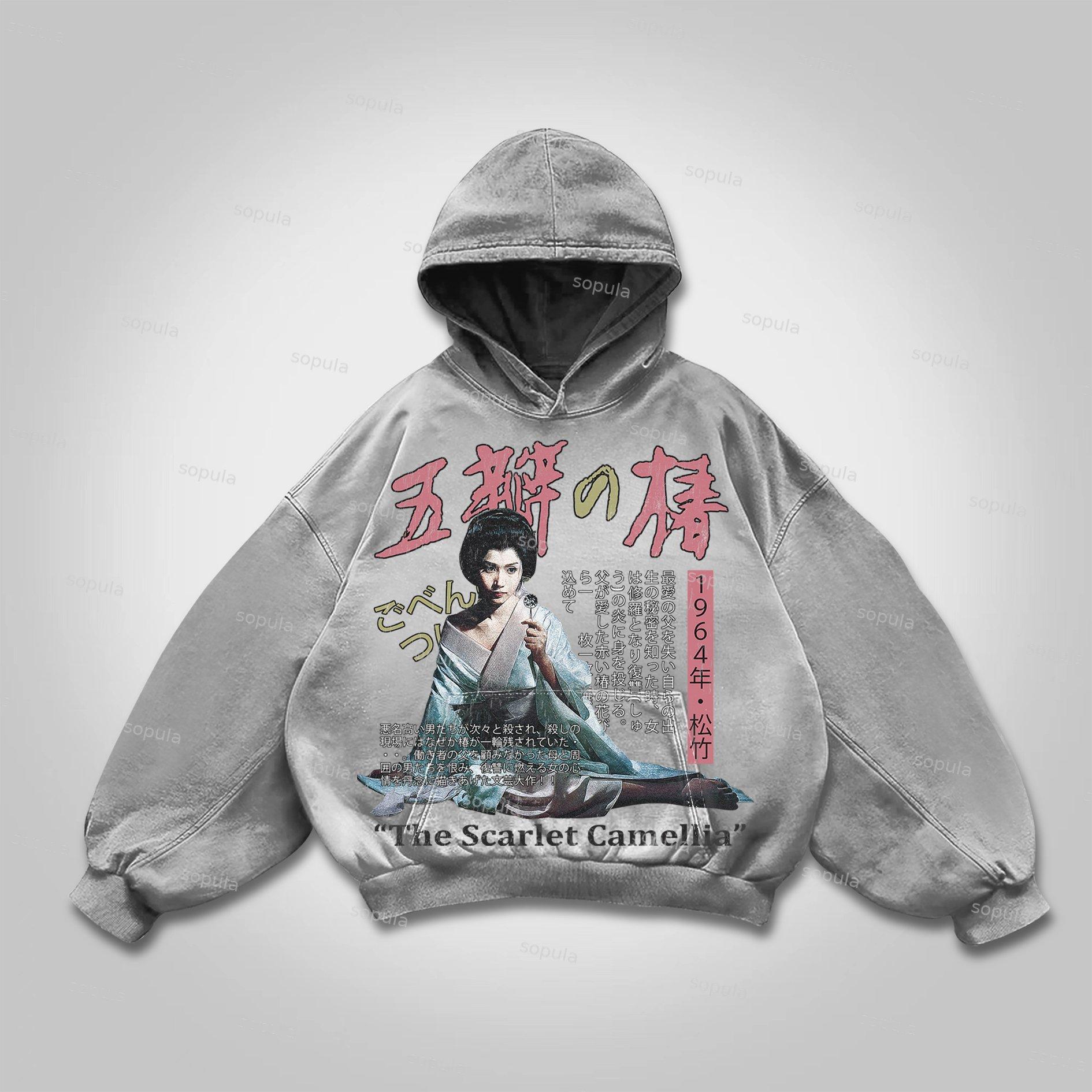 Sopula The Scarlet Camellia Vintage Graphics Washed Distressed Pocket Hoodie Product Image