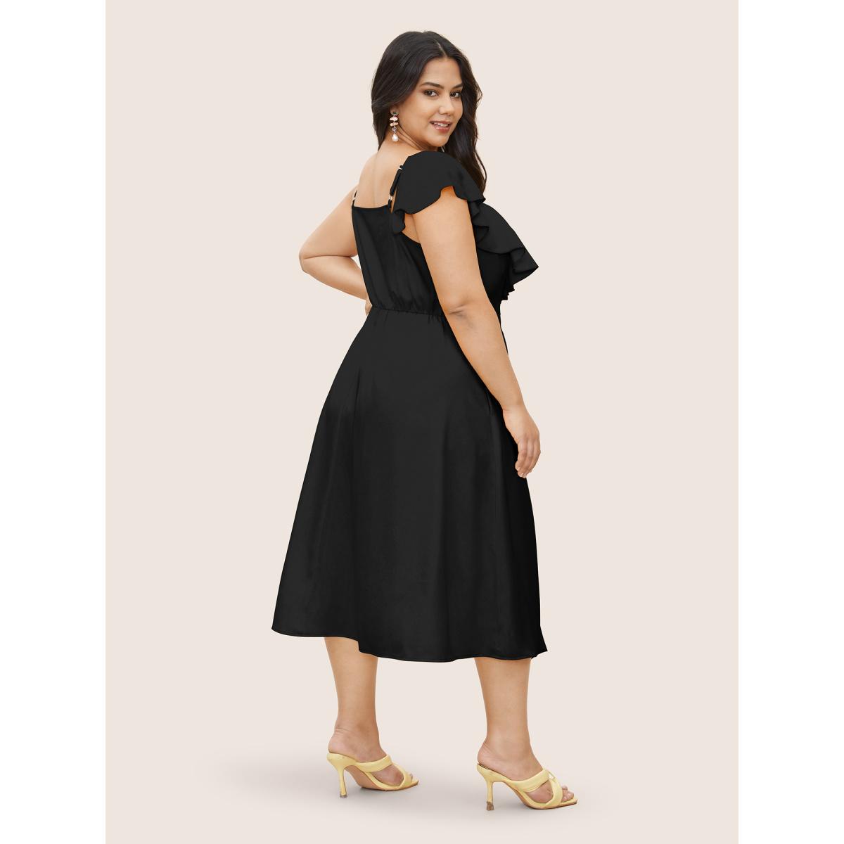 Plus Size Citrus Solid Ruffle Trim Surplice Neck Dress Black Women Elegant Overlapping V-neck Sleeveless Curvy Midi Dress BloomChic 30/6X Product Image
