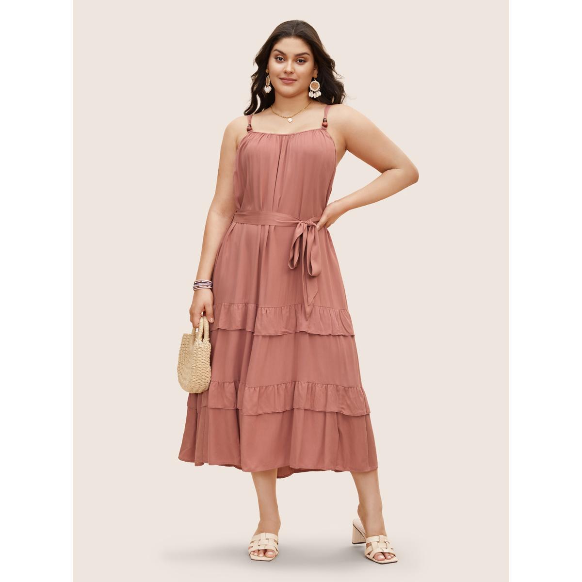 Plus Size Solid Ruffle Layered Hem Cami Dress DustyPink Women Resort Gathered Non Sleeveless Curvy BloomChic 30/6X Product Image