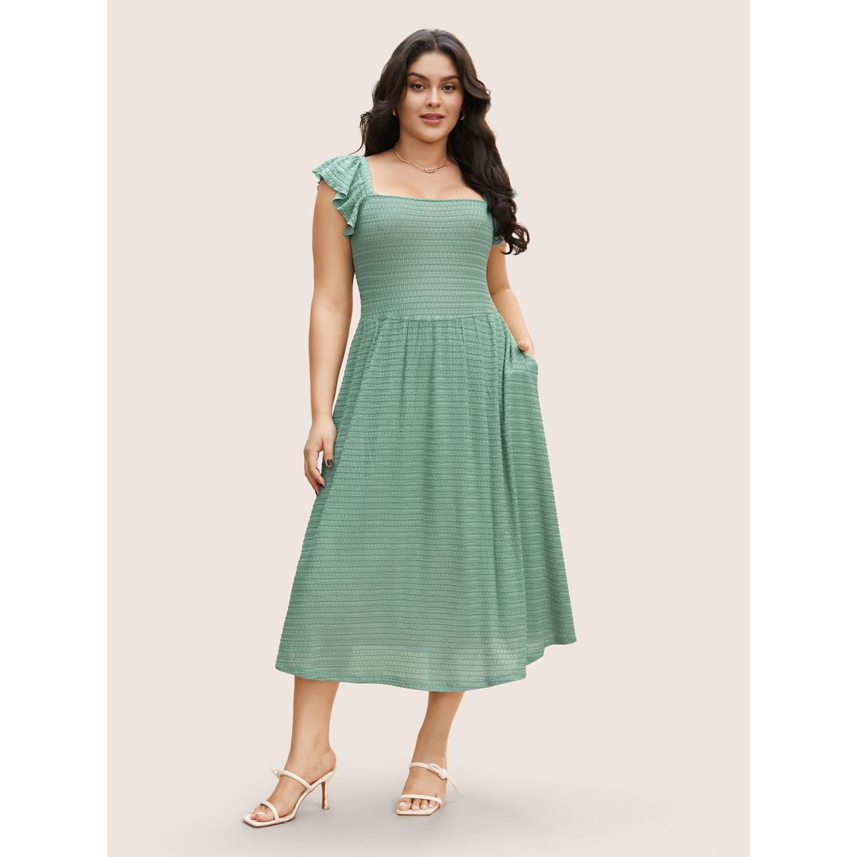 Plus Size Plain Textured Ruffle Cap Sleeve Midi Dress Palemauve Women Elegant Ruffles Square Neck Cap Sleeve Curvy BloomChic 18-20/2X Product Image