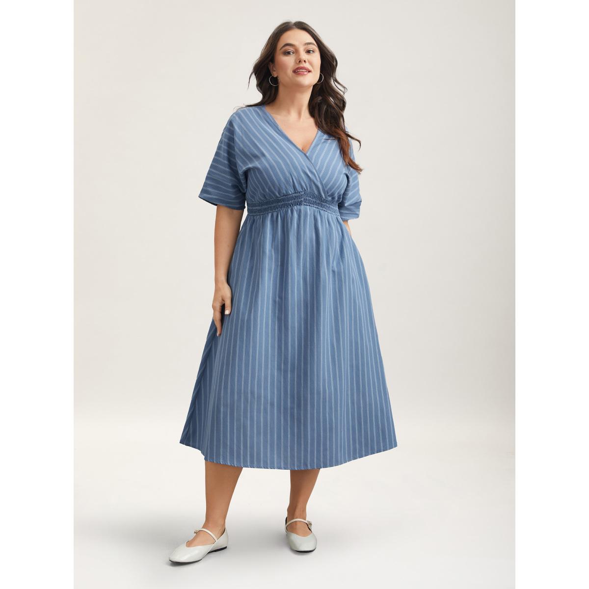 Plus Size Striped Surplice Neckline Shirred Midi Dress Stone Women Casual Shirred Overlap Collar Short sleeve Curvy BloomChic 28/5X Product Image