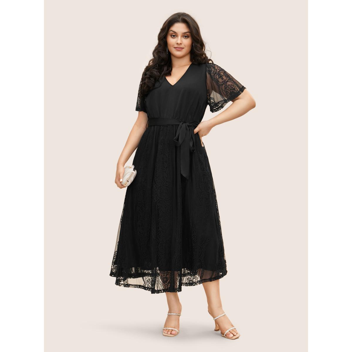 Plus Size Crochet Lace Mesh Backless Maxi Dress Black Women Formal Woven ribbon&lace trim V-neck Short sleeve Curvy BloomChic 22-24/3X Product Image