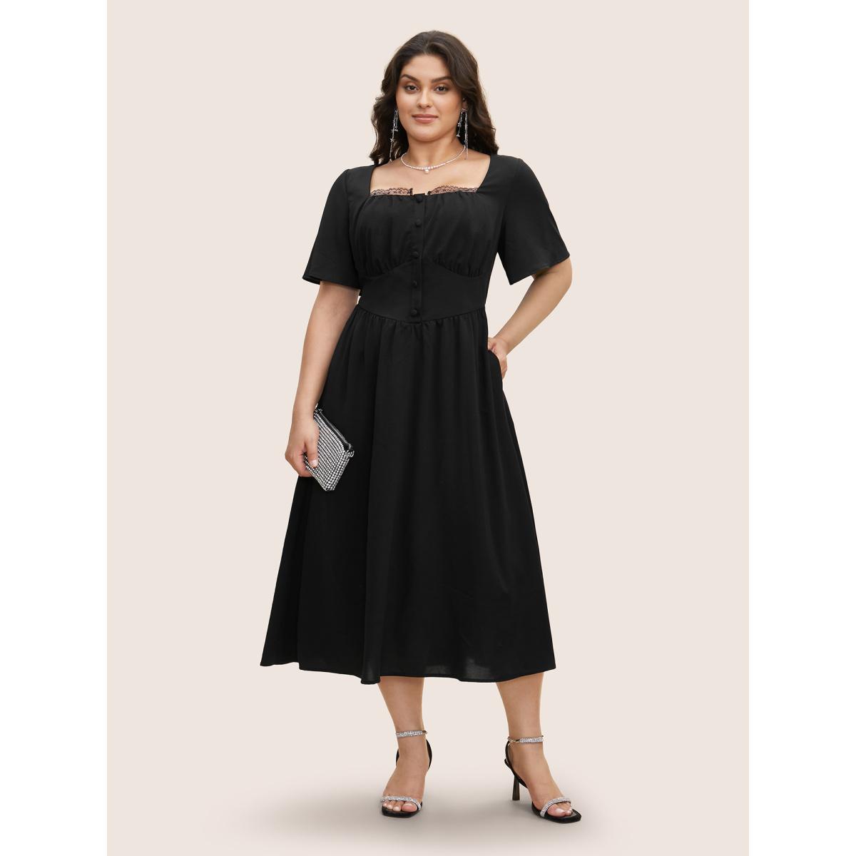 Plus Size Square Neck Guipure Lace Ruffle Sleeve Dress Black Women Elegant Non Square Neck Short sleeve Curvy BloomChic 18-20/2X Product Image