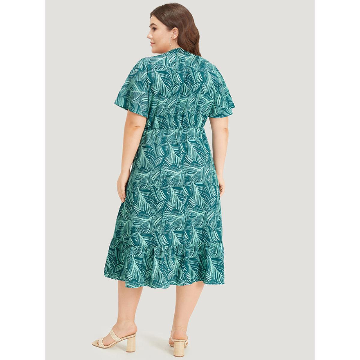 Plus Size Plant Print Ruffles Pocket Asymmetrical Hem Wrap Dress Green Women Vacation Wrap V-neck Short sleeve Curvy Midi Dress BloomChic 28/5X Product Image