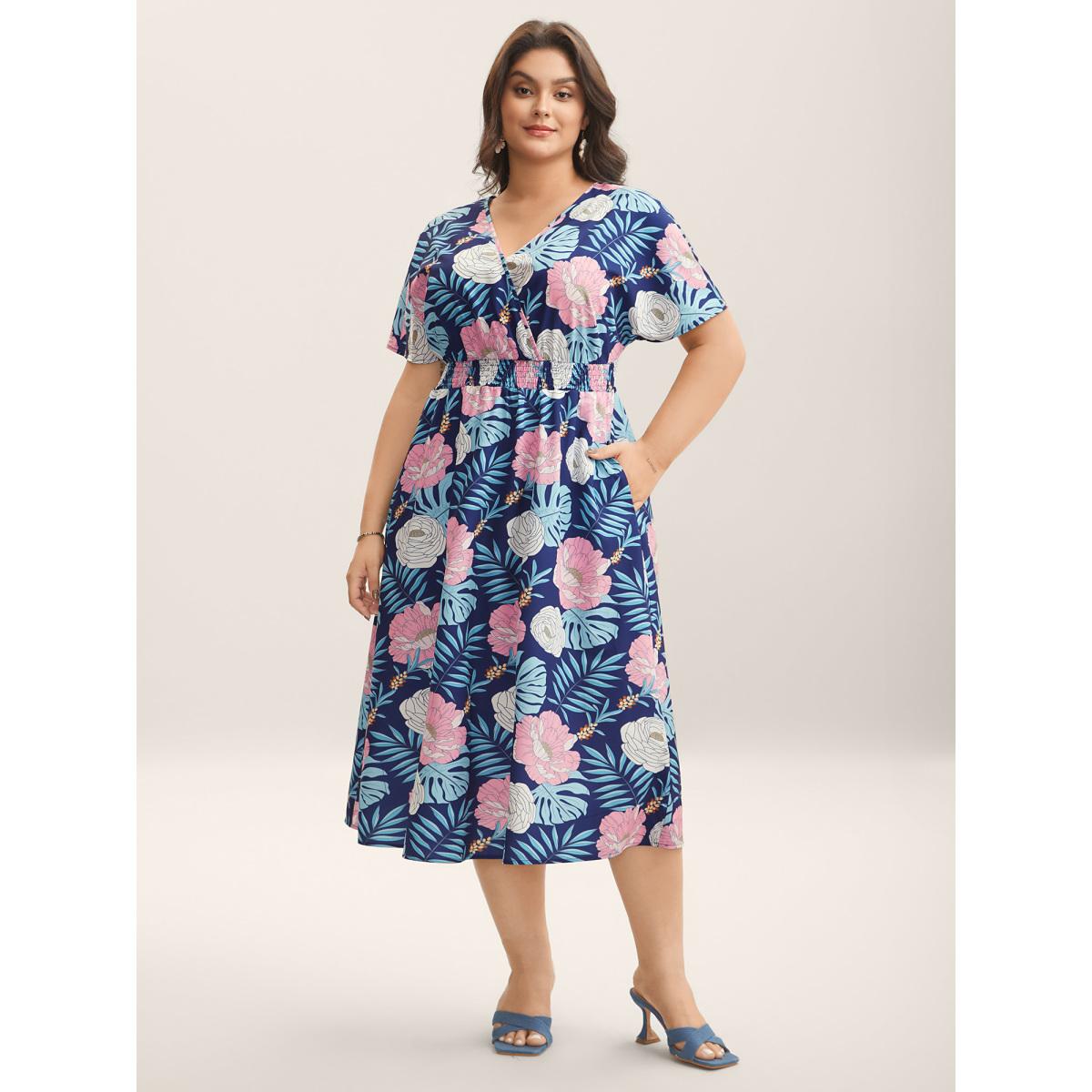 Plus Size Tropical Print Back-Tie Shirred Midi Dress DarkBlue Women Overlap Collar Short sleeve Curvy BloomChic 12/L Product Image