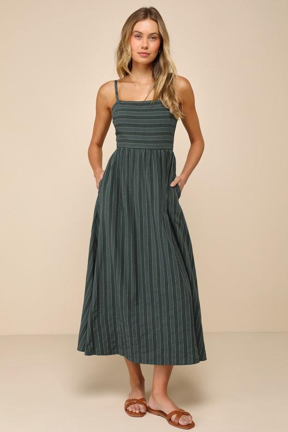 Feeling the Best Green Striped Tie-Back Midi Dress with Pockets Product Image