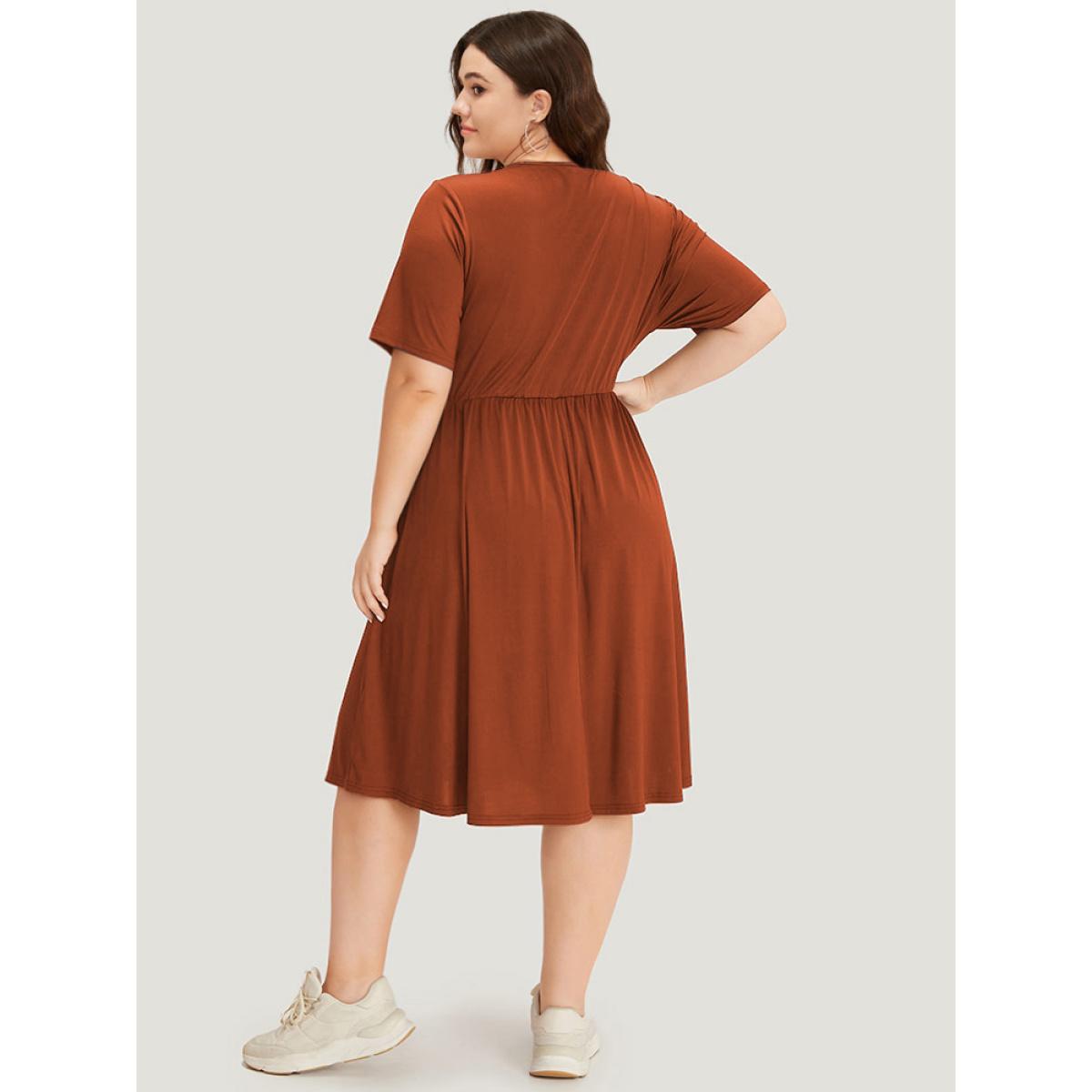 Plus Size Supersoft Essentials Solid Surplice Neck Ruched Front Dress Rust Women Casual Wrap V-neck Short sleeve Curvy Midi Dress BloomChic 18-20/2X Product Image