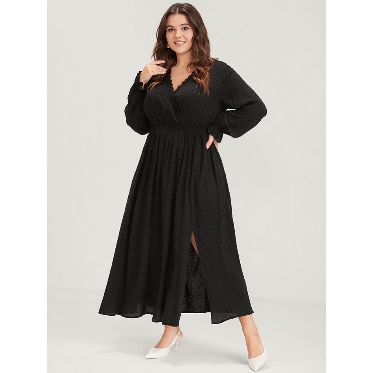 Plus Size Polka Dot Pocket Lantern Sleeve Lace Trim Shirred Dress Black Women Elegant Cross straps V-neck Long Sleeve Curvy Long Dress BloomChic 18-20/2X Product Image