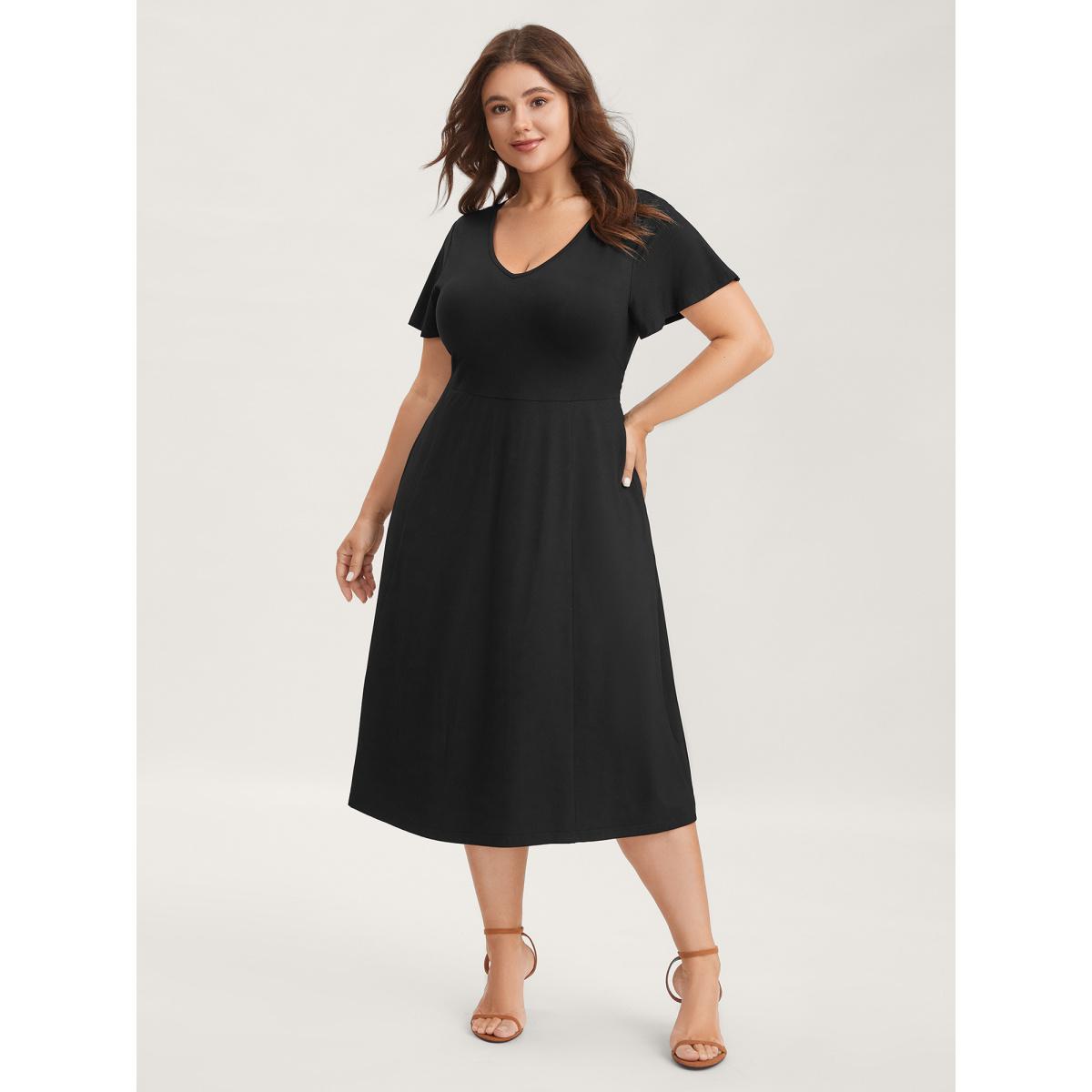 Plus Size Super Stretchy Back-Tie Pockets Midi Dress Black Women Knit Dresses Bloomchic 18-20/2X Product Image