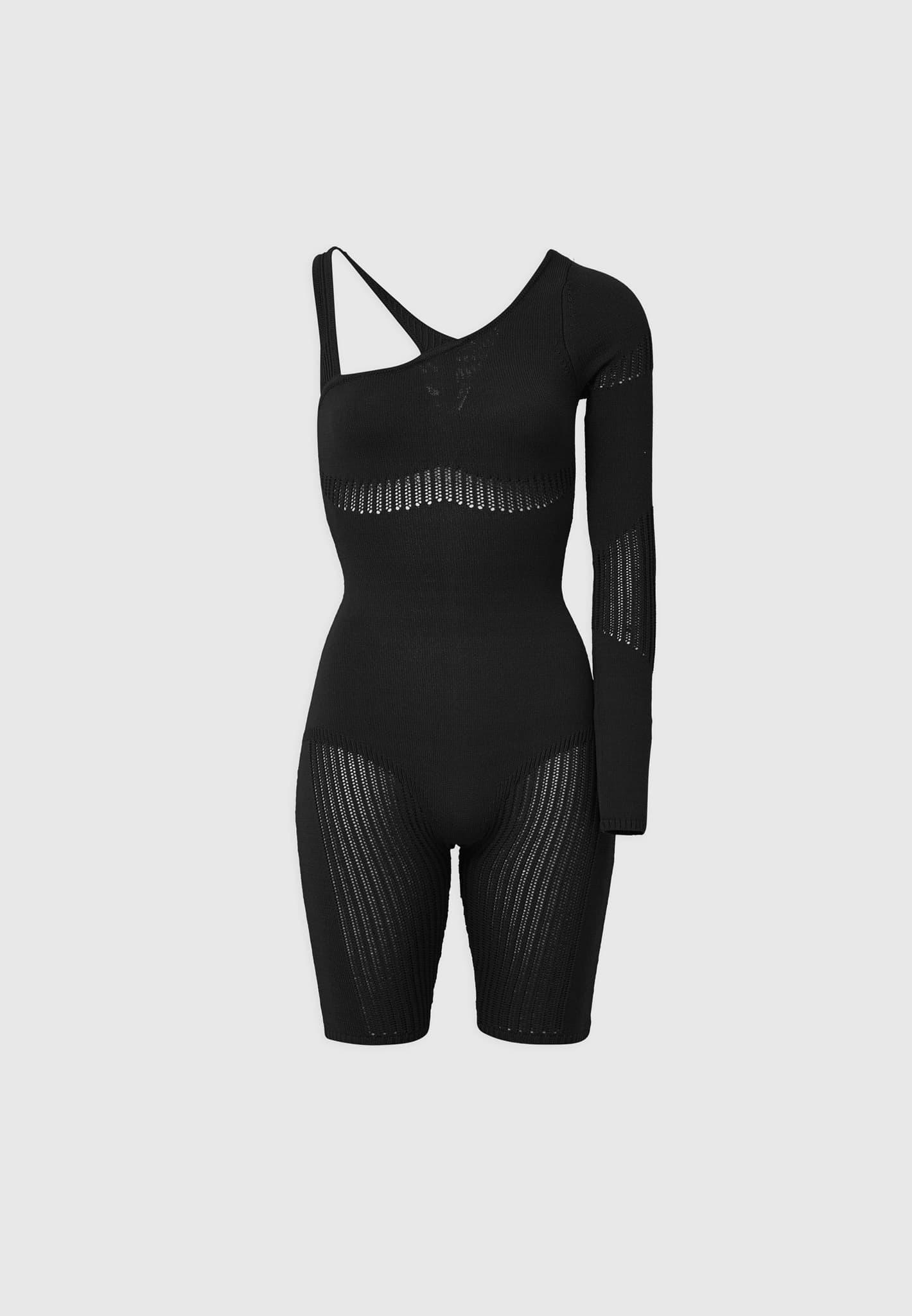 Knitted Contour One Sleeve Playsuit - Black Female Product Image