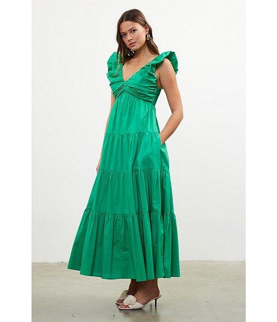 Skies Are Blue Poplin V-Neck Cap Sleeve Shirred Maxi Dress Product Image
